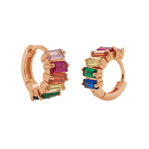 FE1258 925 Sterling Silver Rainbow Baguette Huggie Earrings