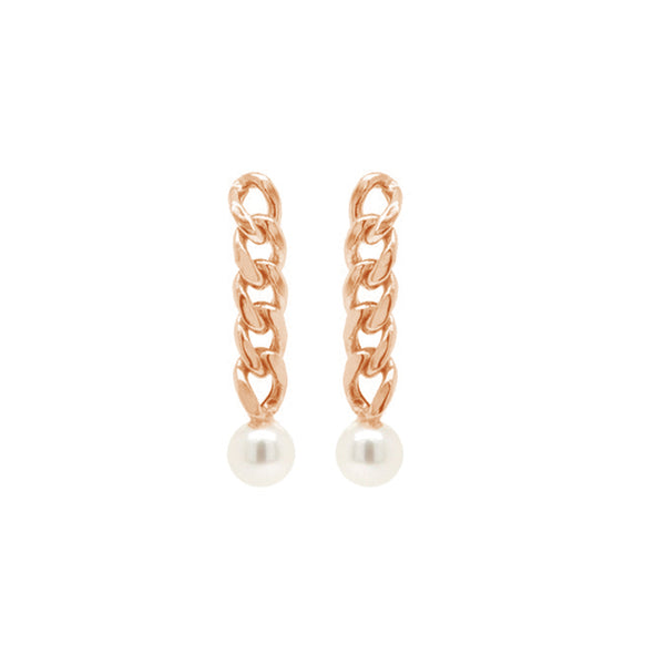 PE0022 925 Sterling Silver Cuban Chain Pearl Stud Earrings