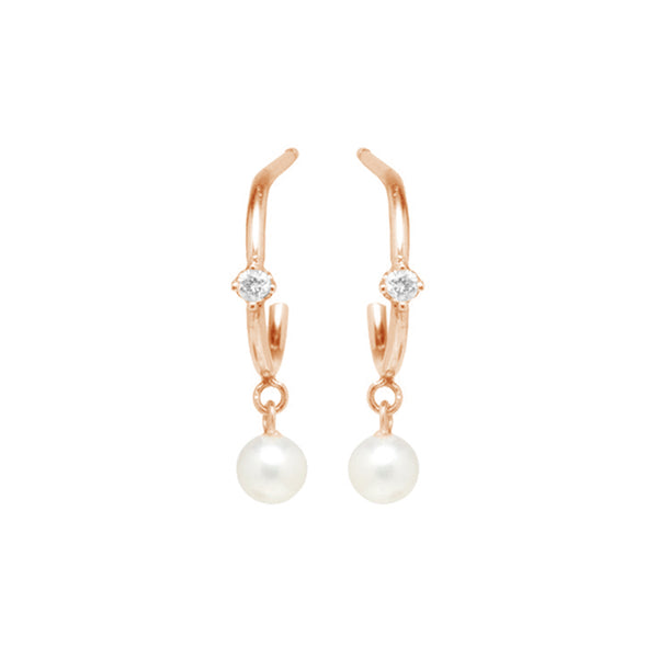 PE0020 925 Sterling Silver Dainty Pearl & Cubic Zirconia Drop Hoop Earring