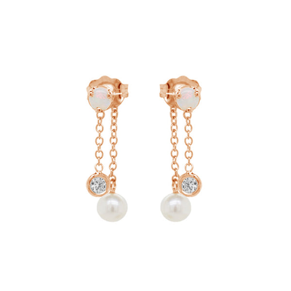 PE0021 925 Sterling Silver Opal & CZ & Pearl Chain Stud Earrings
