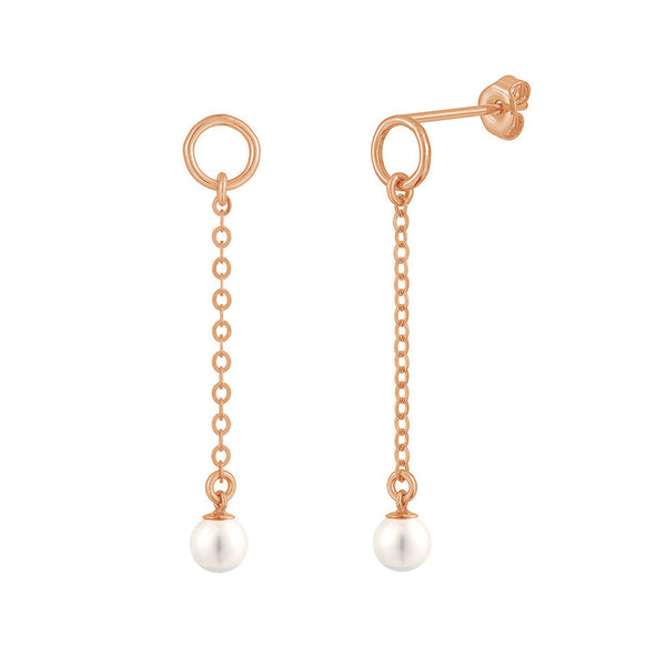 PE0001 925 Sterling Silver Freshwater Pearl Chain Drop Stud Earrings