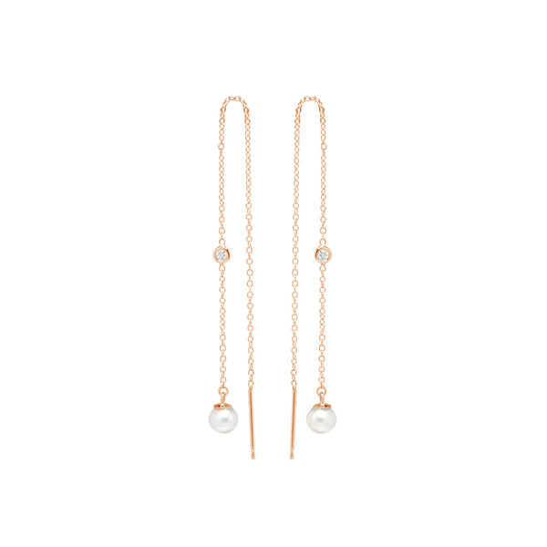 PE0018 925 Sterling Silver Chain Threader CZ & Pearl Floating Stud Earrings