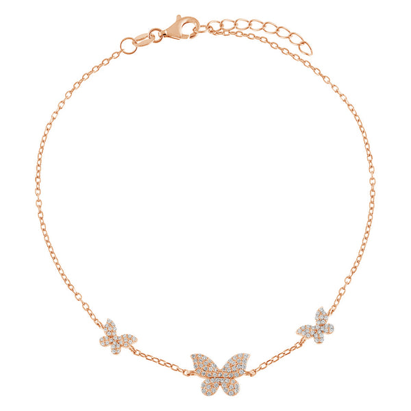 FA0010 925 Sterling Silver Pave Triple Butterfly Anklet