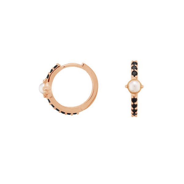 FE1910 925 Sterling Silver Black CZ Pearl Stationed Huggie Hoop Earrings