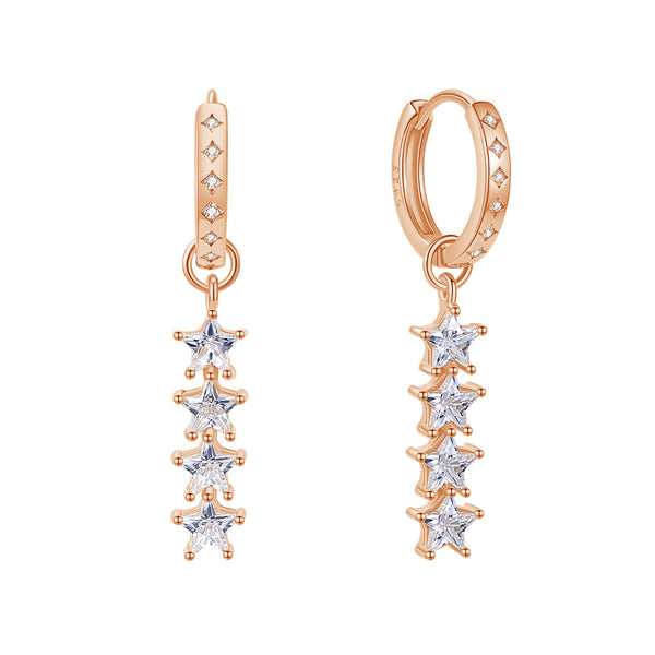 FE1873 925 Sterling Silver Quartet Stars Dangle Hoops