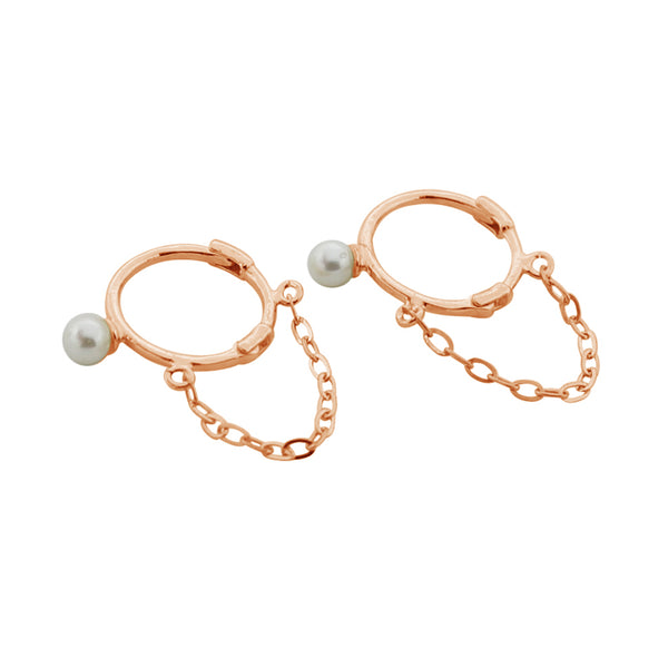 PE0099 925 Sterling Silver Freshwater Pearl Link Chain Hoop Earrings
