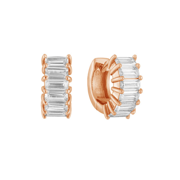 FE1914 925 Sterling Silver Baguette Cubic Zirconia Huggie Hoop Earrings