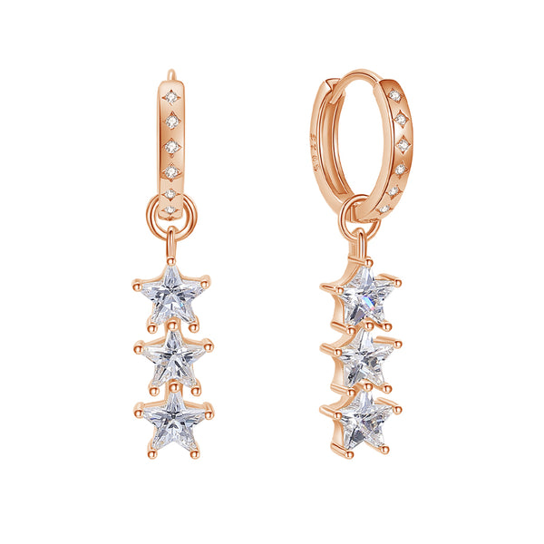 FE1855 925 Sterling Silver Triple CZ Star Dangle Hoops