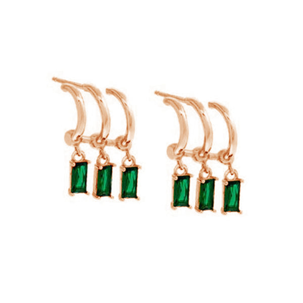 FE2004 925 Sterling Silver Triple Rows Green Baguette Cubic Zirconia Dangle Hoop Earrings