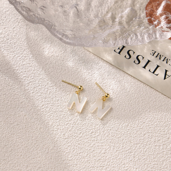 FE2032 925 Sterling Silver Letter A-Z Mother Of Pearl Stud Earrings