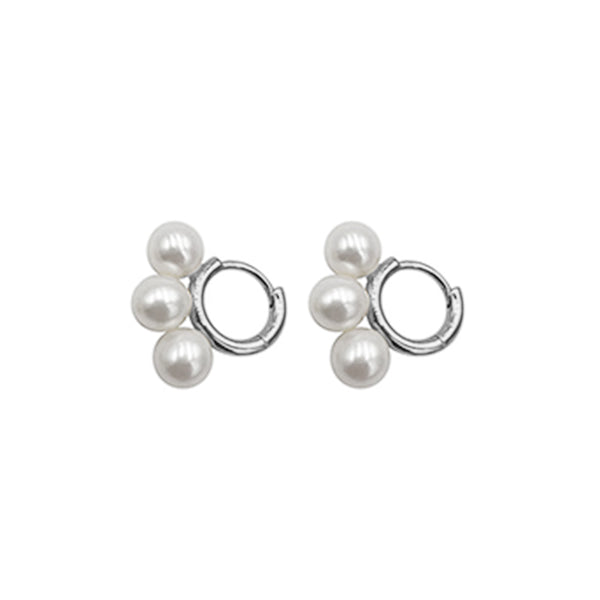 PE0108 925 Sterling Silver Trio Plump White Peral Hoop Earings