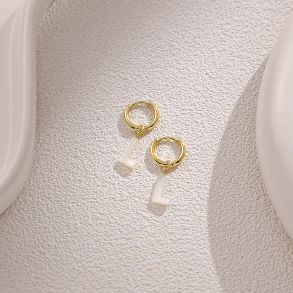 FE2029 925 Sterling Silver Letter A-Z Alphabet Initial Mother Of Pearl Dangle Hoop Earring