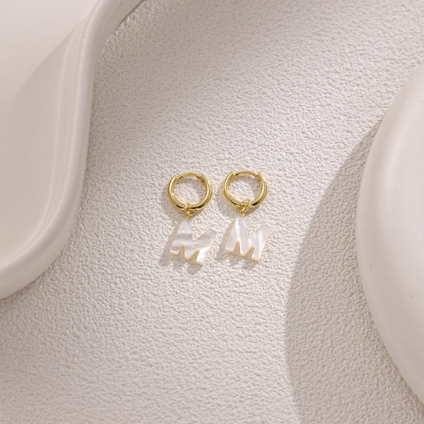 FE2029 925 Sterling Silver Letter A-Z Alphabet Initial Mother Of Pearl Dangle Hoop Earring