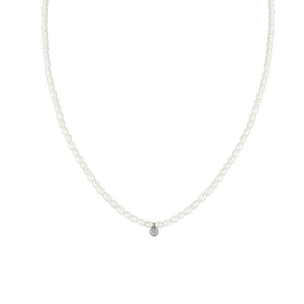 PN0075 925 Sterling Silver Round Bezel Set CZ Pearl Necklace