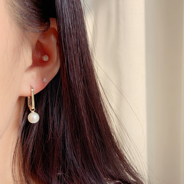 PE0062 925 Sterling Silver Geometry Freshwater Pearls Chunky Drop Hoop Earrings