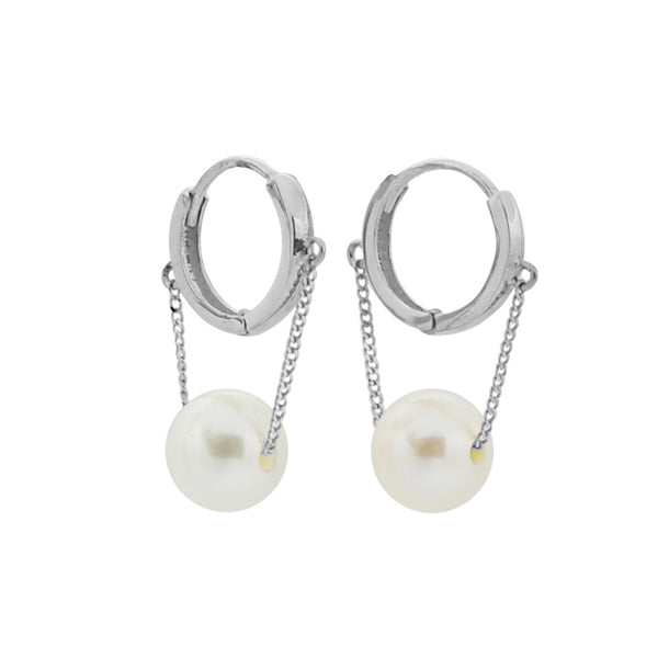 PE0085 925 Sterling Silver Link Chain Round Shell Pearl Drop Hoop Earring