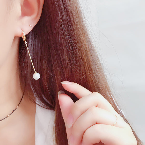 PE0052 925 Sterling Silver Long Chain Freshwater Pearl Drop Hoop Earrings