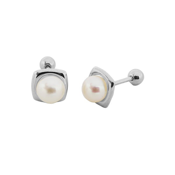 PE0096 925 Sterling Silver Geometry Plump White Pearl Stud Earring