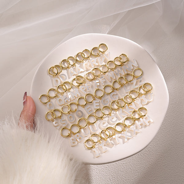 FE2029 925 Sterling Silver Letter A-Z Alphabet Initial Mother Of Pearl Dangle Hoop Earring