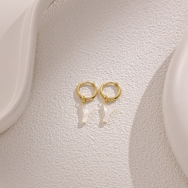 FE2029 925 Sterling Silver Letter A-Z Alphabet Initial Mother Of Pearl Dangle Hoop Earring