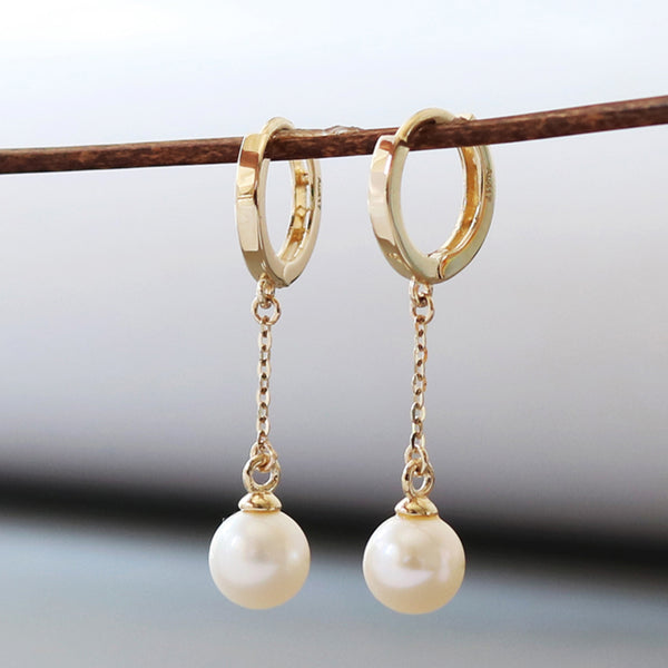 PE0100 925 Sterling Silver Dainty Women Pearl Link Chain Drop Stud Earring