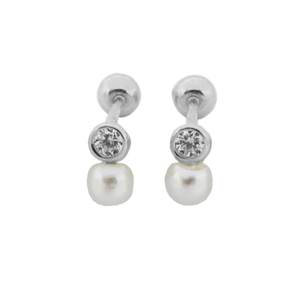 PE0081 925 Sterling Silver Dainty Bezel Set CZ Freshwater Pearl Barbell Stud Earring
