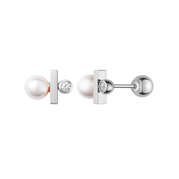 PE0044 925 Sterling Silver Bezel Set CZ Pearl Stud Earrings For Women