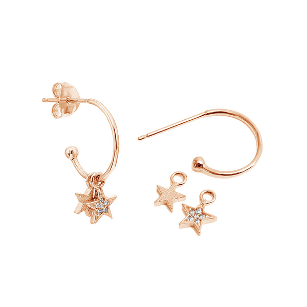 FE1988 925 Sterling Silver CZ Double Pendant Stars Drop Hoop Earrings