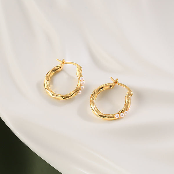 PE0107 925 Sterling Silver Twist Pearl Women Huggie Hoop Earrings