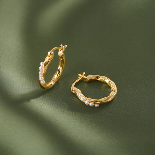 PE0107 925 Sterling Silver Twist Pearl Women Huggie Hoop Earrings