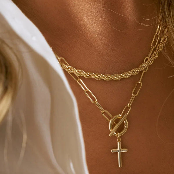 FX0908 925 Sterling Silver Cross Pendant Toggle Paperclip Necklace For Women