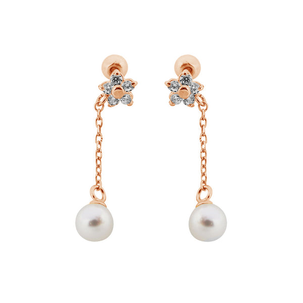 PE0055 925 Sterling Silver CZ Flower Freshwater Pearl Chain Srtud Earrings