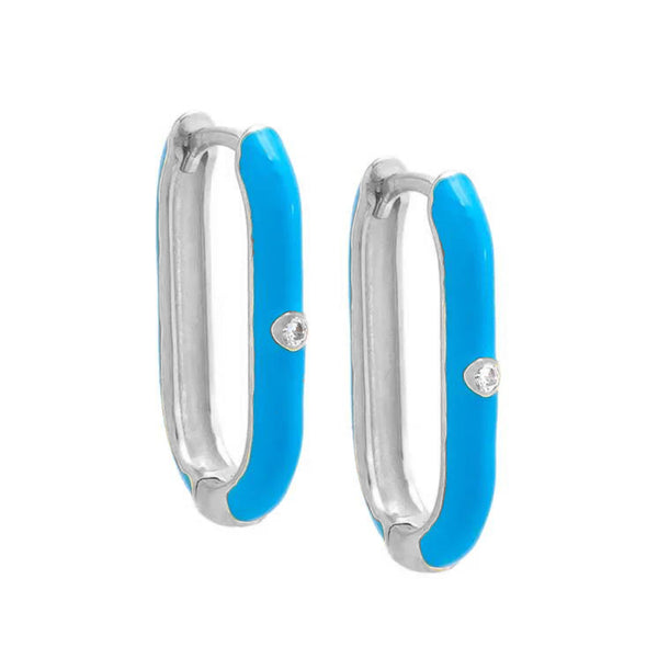 FE1999 925 Sterling Silver Rainbow Enamel CZ Oval Huggie Hoop Earrings