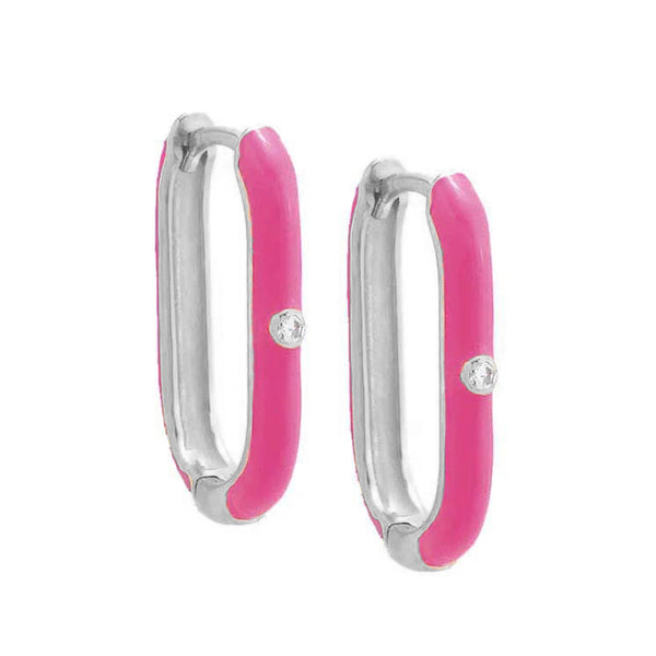 FE1999 925 Sterling Silver Rainbow Enamel CZ Oval Huggie Hoop Earrings
