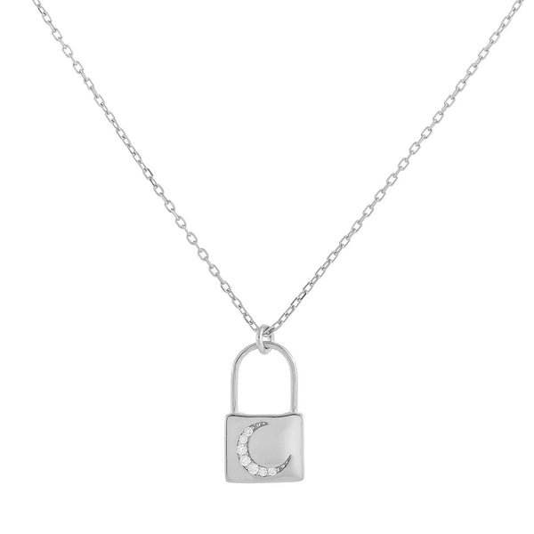 FX0213 925 Sterling Silver Lock & Moon Pendant Necklace