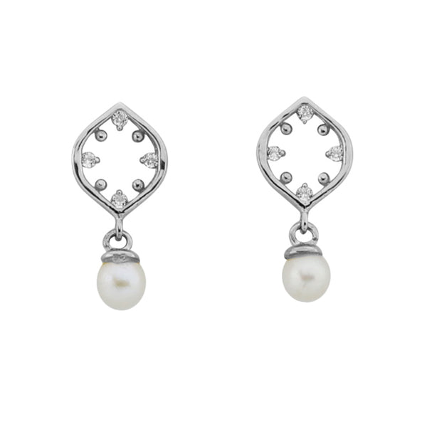 PE0091 925 Sterling Silver Zirconia Flower Freshwater Pearl Dangle Hoop Earring