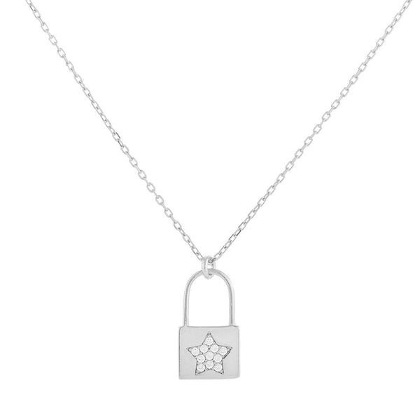 FX0349 925 Sterling Silver Star Zircon Lock Pendant Necklace
