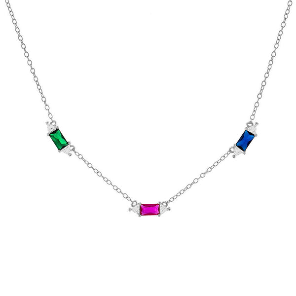 FX0667 925 Sterling Silver CZ Multi Color Emerald Stone Necklace