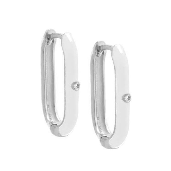 FE1999 925 Sterling Silver Rainbow Enamel CZ Oval Huggie Hoop Earrings