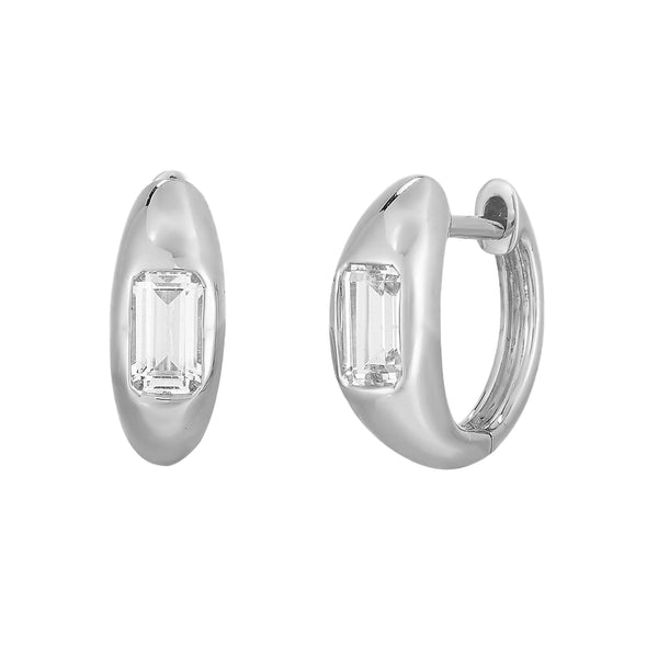 FE1965 925 Sterling Silver Buguette Cubic Zirconia Chunky Huggie Hoop Earrings