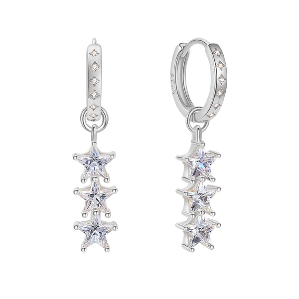 FE1855 925 Sterling Silver Triple CZ Star Dangle Hoops