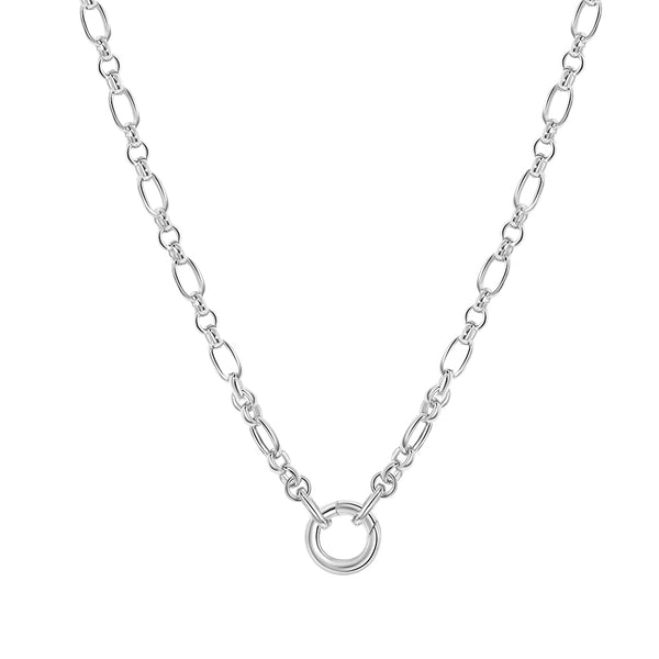 FX0902 925 Sterling Silver Mixed Link Chain Charm Round Push Clasp Necklace