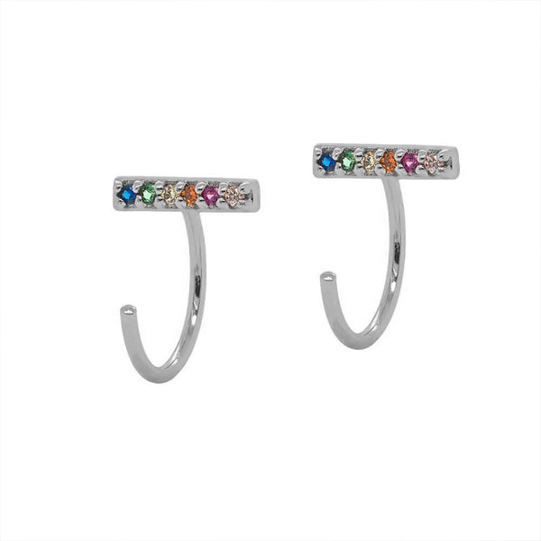 FE1257 925 Sterling Silver Rainbow Bar Huggies Earrings