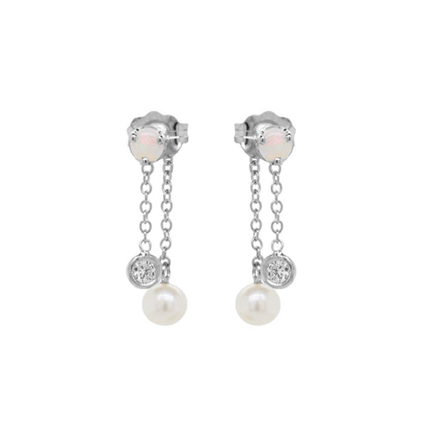 PE0021 925 Sterling Silver Opal & CZ & Pearl Chain Stud Earrings