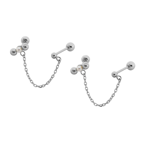 PE0095 925 Sterling Silver Gold Bead Freshwater Pearl Chain Barbell Stud Earring