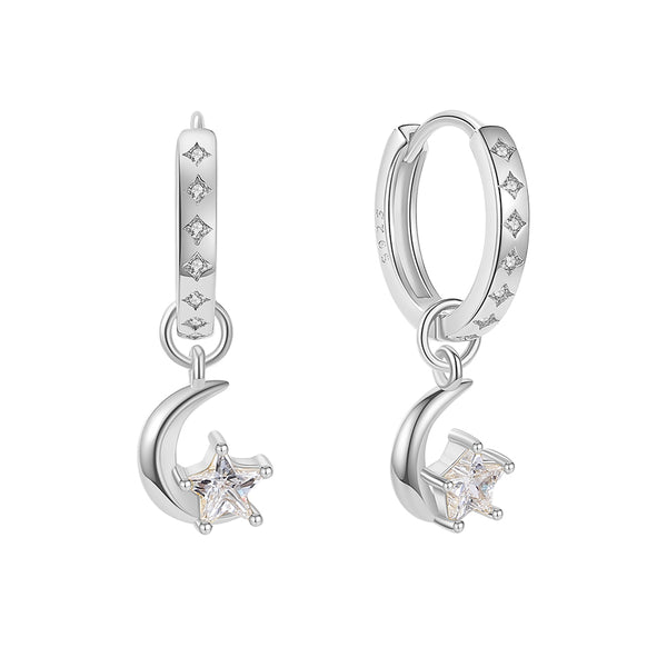 FE1849 925 Sterling Silver Crescent CZ Star Dangle Hoops