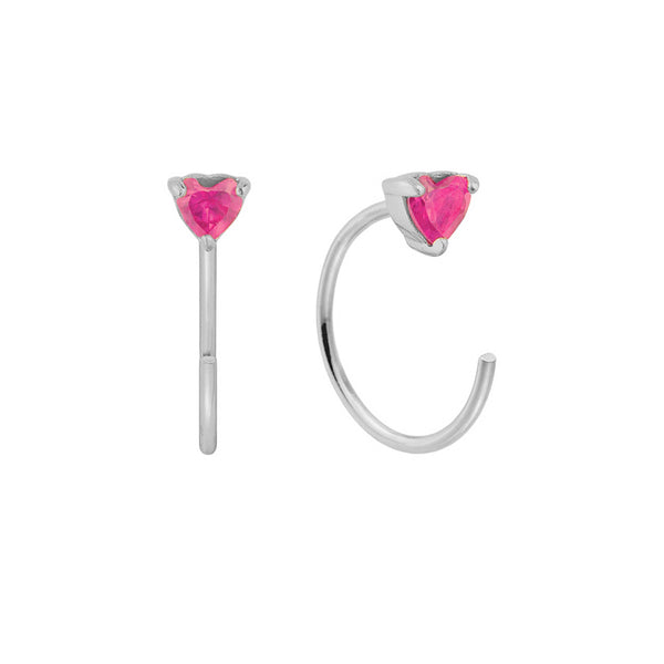 FE1944 925 Sterling Silver Heart Pink CZ Open Huggie Earrings