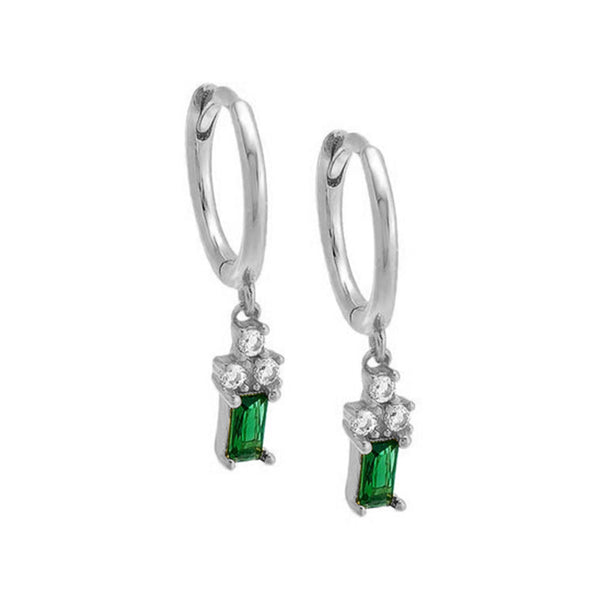FE2002 925 Sterling Silver Green Baguette Set Cubic Zirconia Drop Hoop Earrings