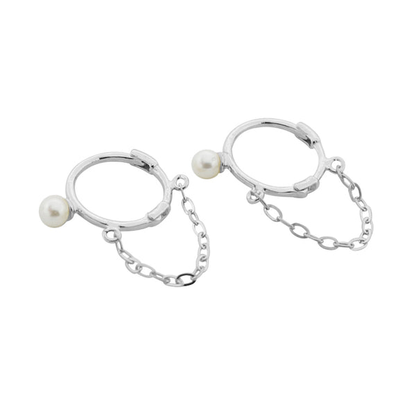 PE0099 925 Sterling Silver Freshwater Pearl Link Chain Hoop Earrings