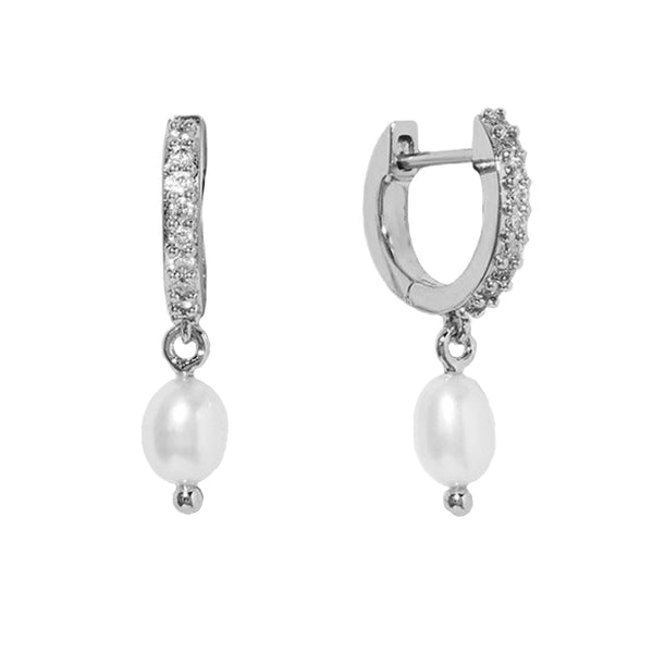 FE1287 925 Sterling Silver Cubic Zircon Pearl Drop Hoops Earrings
